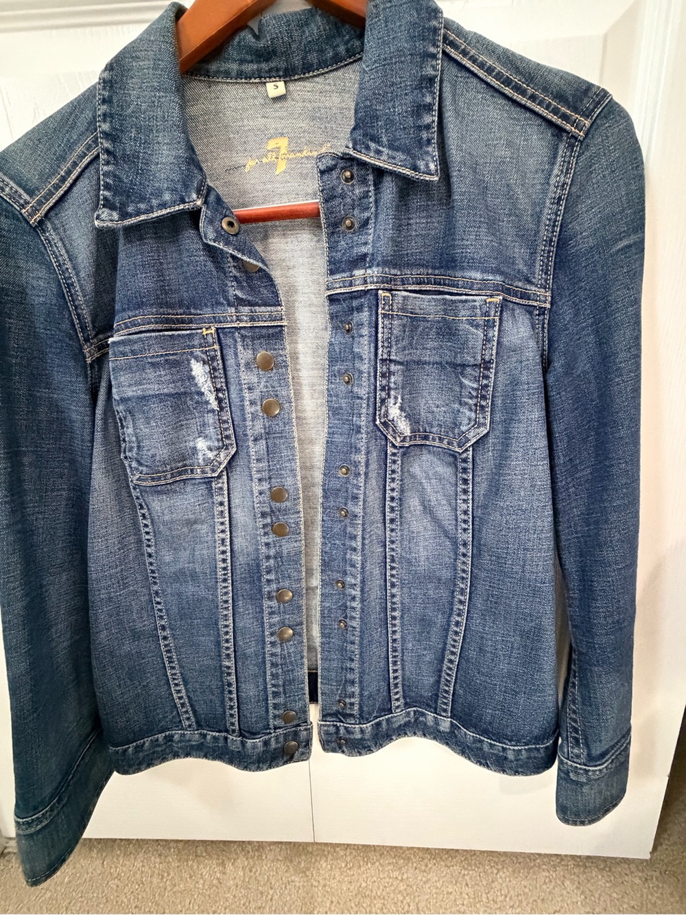 7 for All Mankind Distressed Blue Denim Jacket - Women Size Small